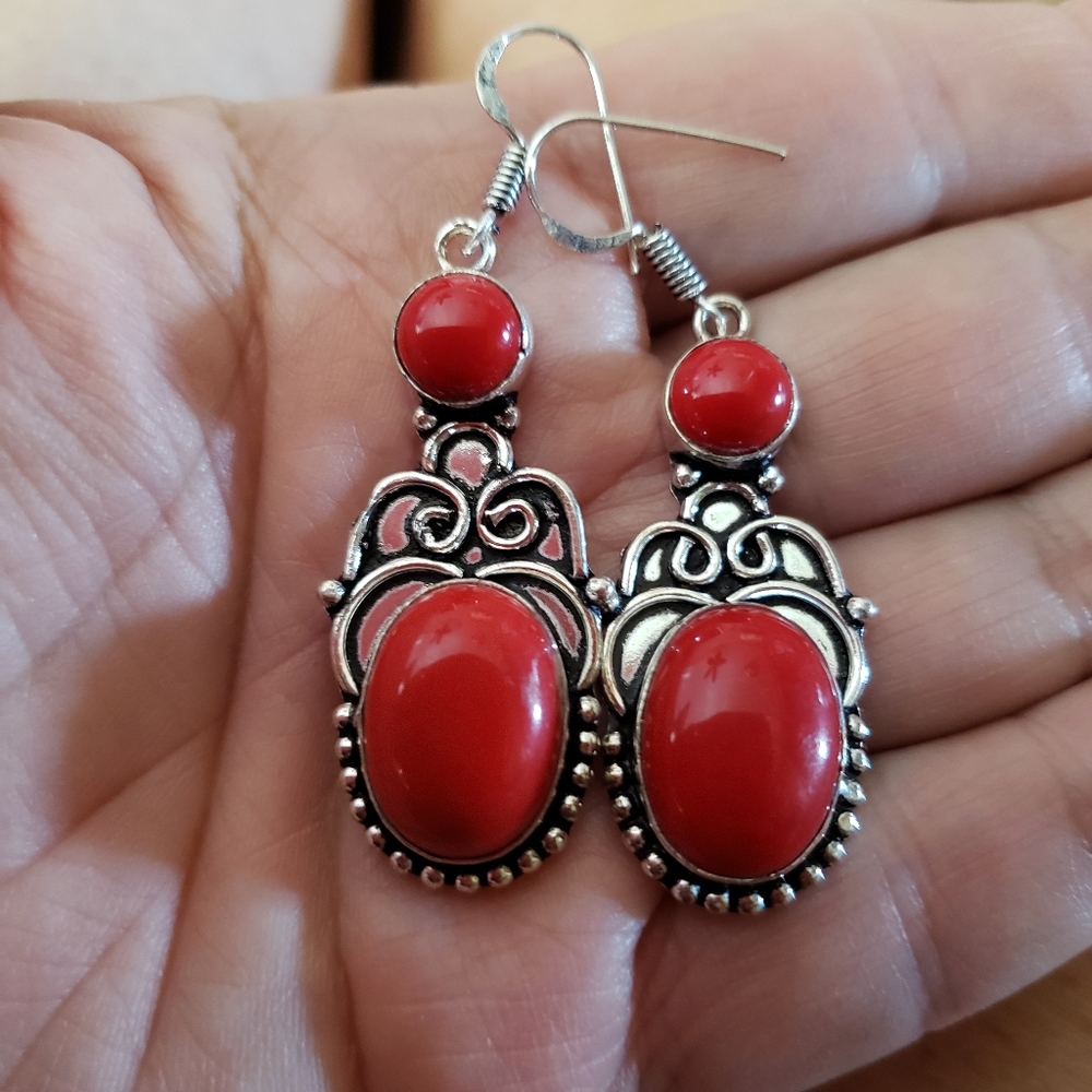 Red Coral Dangle 925 Earrings!